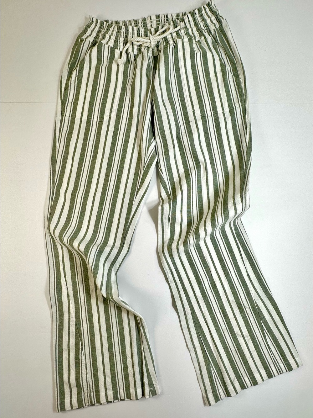 Roxy Oceanside Striped Linen Blend Pants Drawstring Flare Beach Size Large NWT